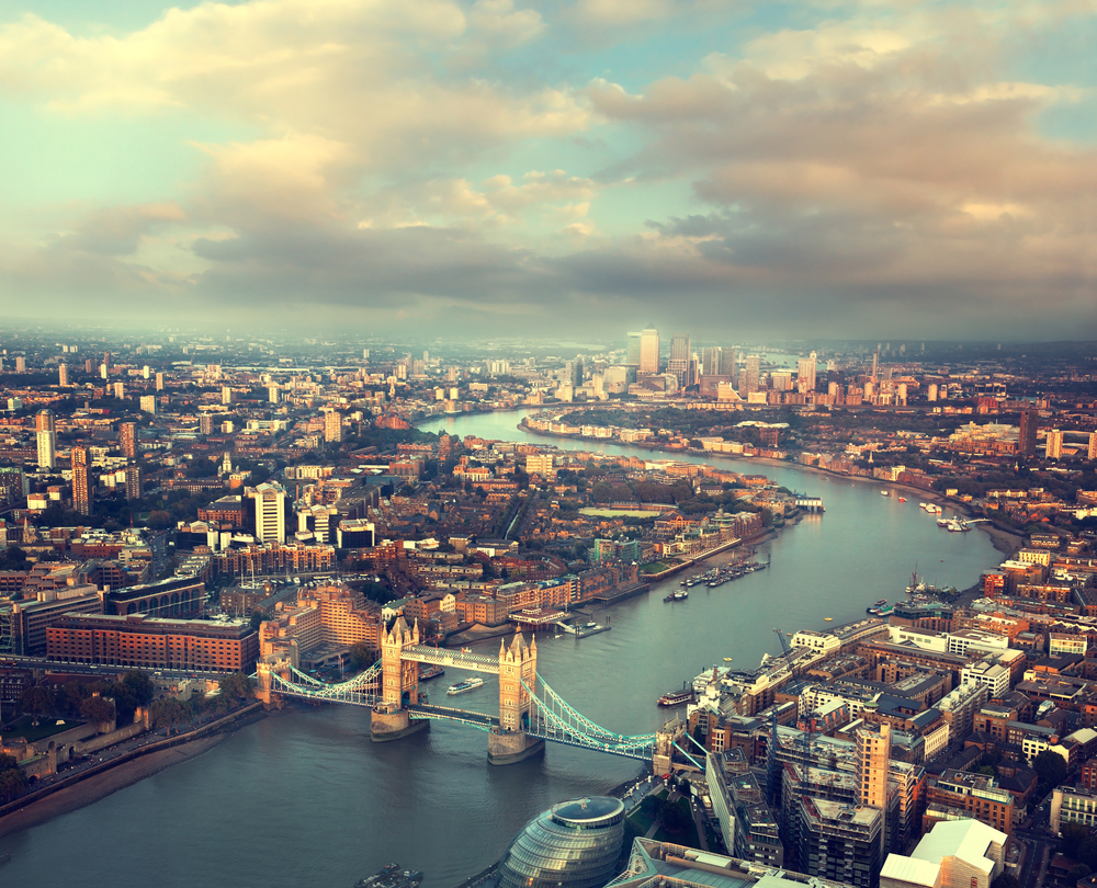 London aerial view with  Tower Bridge in sunset time